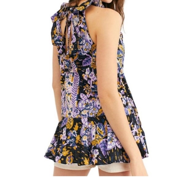 FREE PEOPLE SUMMER TULUM TUNIC PURPLE/GOLD FLORAL OPEN BACK SIZE XS/S NEW - Picture 6 of 9